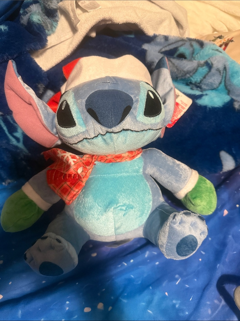 Disney Blue Stitch Plush with Red Scarf and Green Mitts